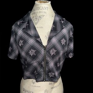 Plaid Zip-Front Crop Top in Black & Pink